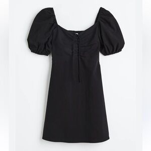 H&M Black Puff-Sleeve Mini Dress with Lace-Up Front mini Medium NWT
